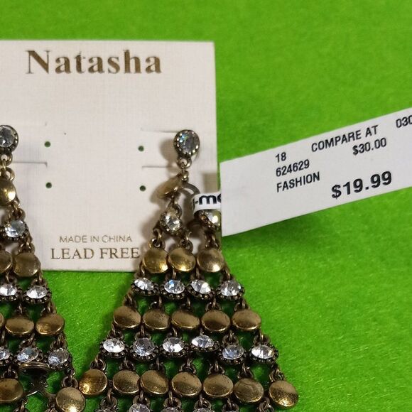 NWT Natasha Clear Rhinestone/Gold tone metal Diamond shaped Dangling Earrings - Picture 2 of 4